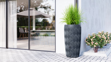 Moderner Terrassenbereich mit großer Topfpflanze und Essmöbeln im Freien, sichtbar durch Glasschiebetüren.
