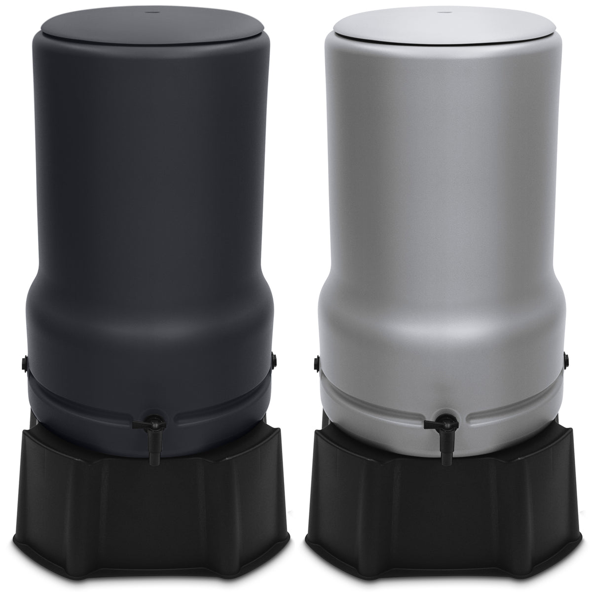 Zwei YourCasa Regentonne [RainBell] mit Standfuß, Deckel & Wasserhahn, eine in Schwarz und eine in Silber, mit Zapfhahn, abnehmbaren Ständern und für Regenwasser geeignet. Markenname: yourcisade.com