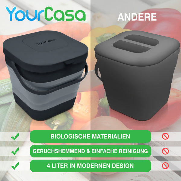 Vergleich zweier Komposteimer, der die Funktionen des YourCasa® Komposteimer Küche von yourcisade.com hervorhebt und dabei die Verwendung biologisch abbaubarer Materialien, die Geruchskontrolle durch einen Aktivkohlefilter und die einfache Reinigung hervorhebt.