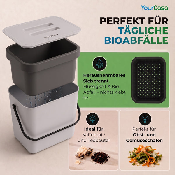 7L Biomülleimer mit Halterung und Sieb für Küche – Geruchsdicht & Spülmaschinenfest