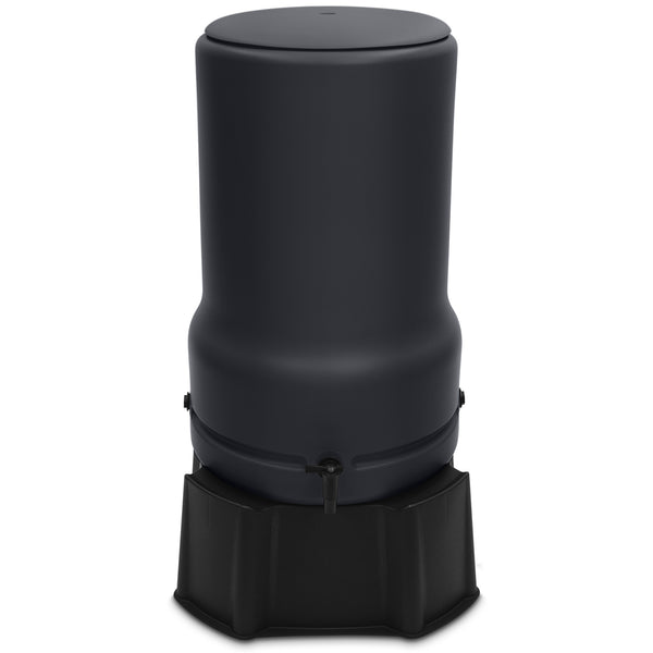 Schwarze YourCasa Regentonne [RainBell] mit Drehdeckel, Sockel mit Zapfen und einer Wassertonne von yourcisade.com.