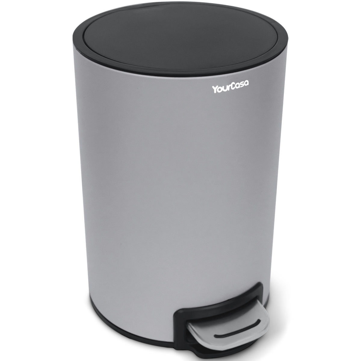 Ein YourCasa® Mülleimer Bad [5L] – Elegantes Design – Badezimmer Mülleimer mit einem Mülleimer aus Edelstahl auf weißem Hintergrund.