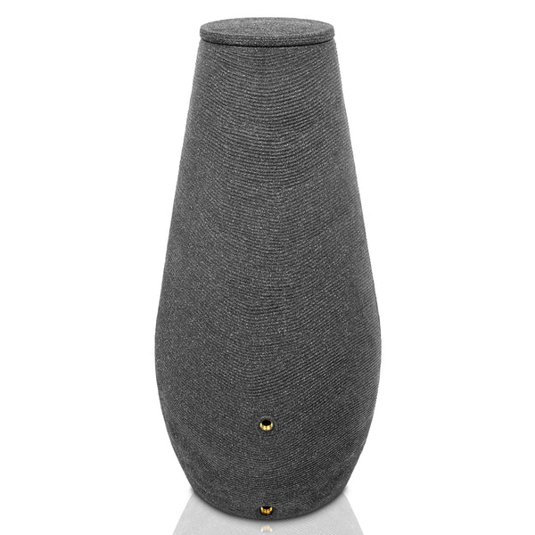 Dunkelgrauer, stoffbezogener kabelloser Lautsprecher mit Metallgewinde auf weißem Hintergrund. YourCasa Regentonne 200 Liter [EcoDrop] - Nachhaltige Gartenbewässerung von yourcisade.com.