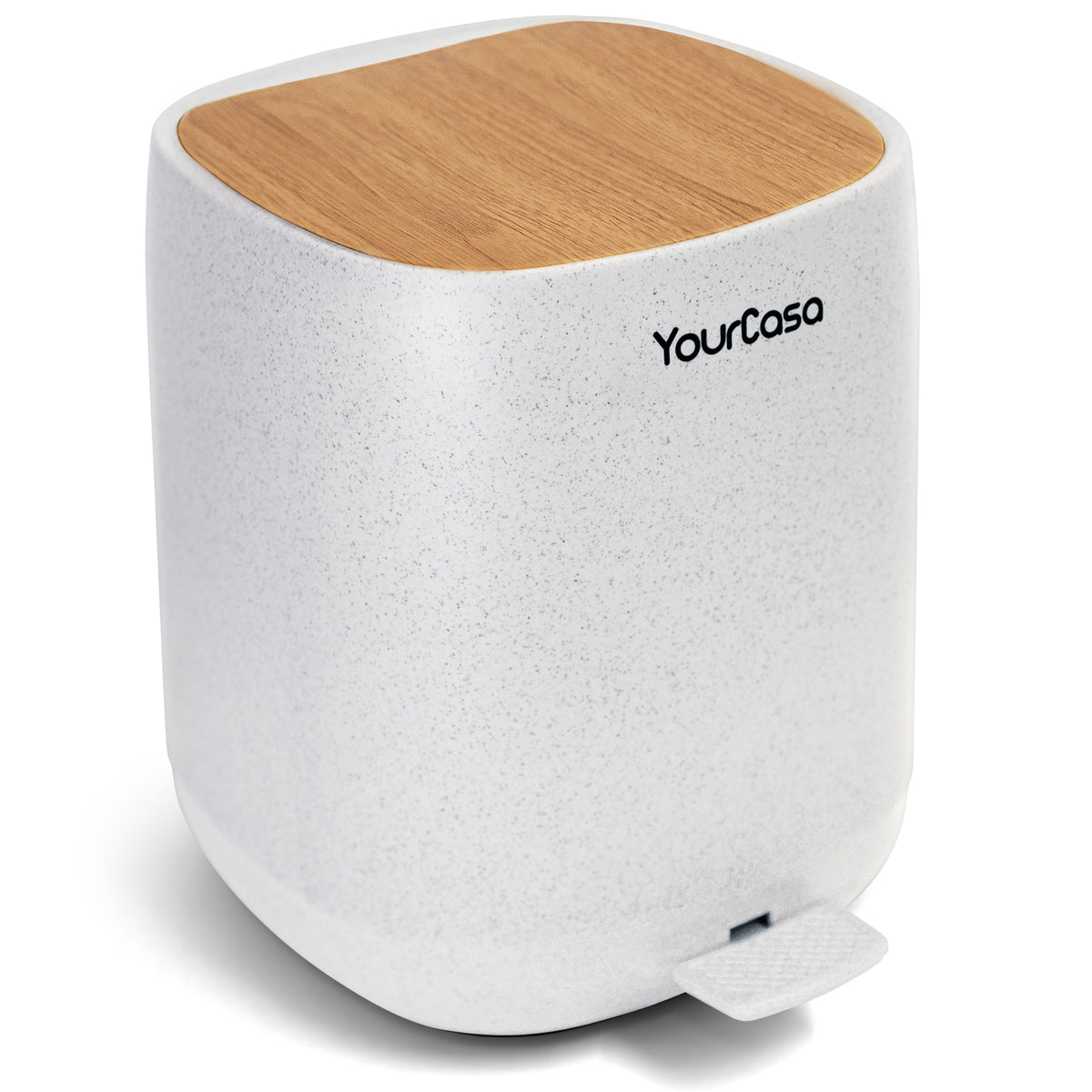 Weißer Tret-Mülleimer aus Holz mit dem yourcisade.com-Logo an der Seite, geruchsdicht gestaltet für eine frischere Umgebung, vermarktet als YourCasa® Mülleimer [5L] mit 30 % weniger Plastik und einem eleganten Design für Badezimmer oder Küche.