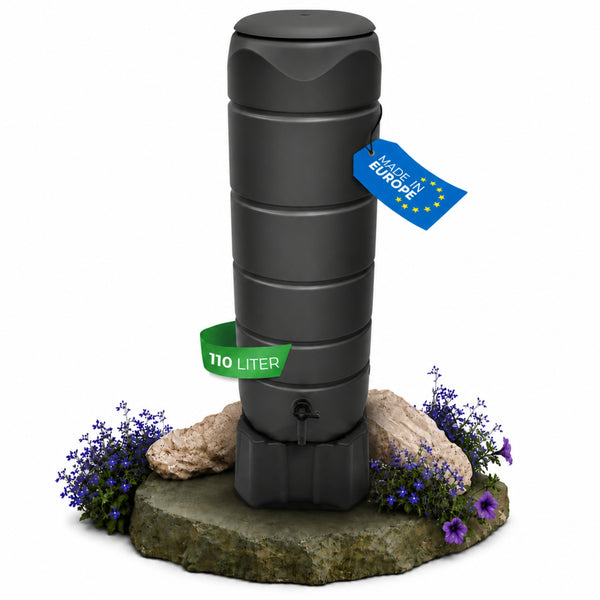 Regentonne 110 Liter [Circle Tower] – Schlanke Regenwassertonne mit Standfuß & 3 Anschlüssen