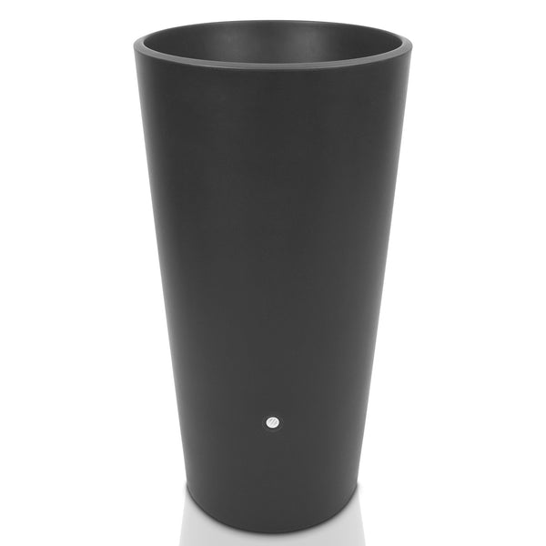 Mattschwarzer konischer Pflanzkübel auf weißem Untergrund mit einer YourCasa Regentonne 150 Liter [Aquaform Flower] – Mit Pflanzkübel und Metallgewinde von yourcisade.com.