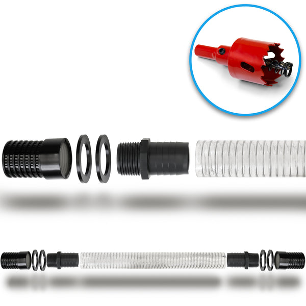 Die Abbildung zeigt das yourcisade.com Regentonnen Verbinder Set 32mm inkl. Kronbohrer & Tankdurchführung-ideal für Regentonnen Verbindung oder IBC Tank Anschluss für einfache Regenwassersammlung.