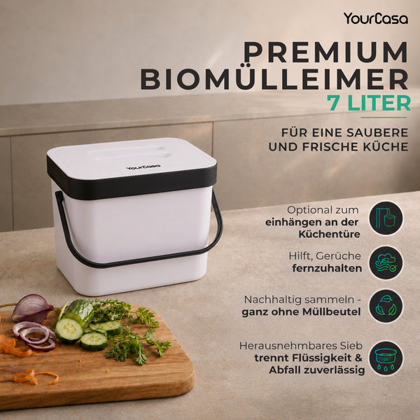 7L Biomülleimer mit Halterung und Sieb für Küche – Geruchsdicht & Spülmaschinenfest