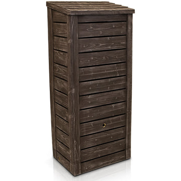 Ein freistehender brauner Holzschrank mit Lamellendesign in Holzoptik auf weißem Hintergrund von yourcisade.com.