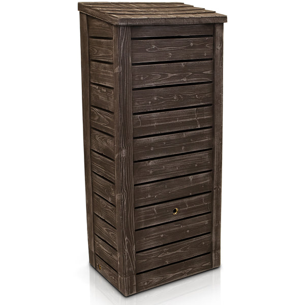 Ein freistehender brauner Holzschrank mit Lamellendesign in Holzoptik auf weißem Hintergrund von yourcisade.com.