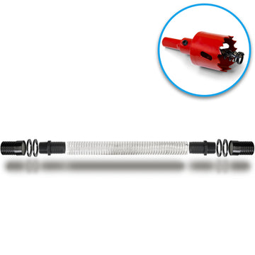 Die Abbildung zeigt das yourcisade.com Regentonnen Verbinder Set 32mm, bestehend aus einem flexiblen, durchsichtigen Schlauch mit schwarzen Anschlüssen und O-Ringen sowie einem Kronbohrer und einer Tankverschraubung - perfekt für IBC-Tankanschlüsse oder die Verbindung von Regentonnen.