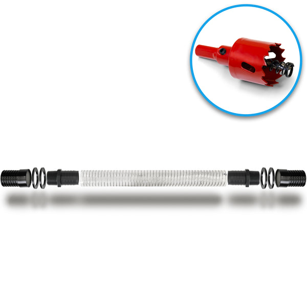 Die Abbildung zeigt das yourcisade.com Regentonnen Verbinder Set 32mm, bestehend aus einem flexiblen, durchsichtigen Schlauch mit schwarzen Anschlüssen und O-Ringen sowie einem Kronbohrer und einer Tankverschraubung - perfekt für IBC-Tankanschlüsse oder die Verbindung von Regentonnen.