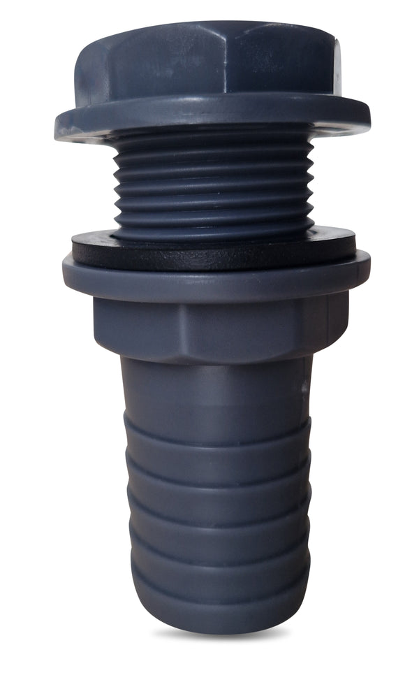 Eine schwarze Ablassschraube aus Kunststoff mit Gewindeschaft und breiter, runder Oberseite, passend für YourCasa® Anschlussschlauch 32mm für Regensammler [Downpipe] inklusive Handbohrer, isoliert auf weißem Hintergrund von yourcisade.com.