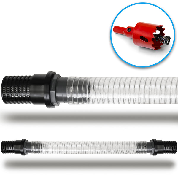 Das yourcisade.com Regentonnen Verbinder Set 32mm enthält einen durchsichtigen flexiblen Schlauch mit schwarzen Anschlüssen, wie zweimal waagerecht abgebildet, sowie einen roten Kronbohrer - perfekt für IBC Tank Anschluss und Regentonnen Verbindung.