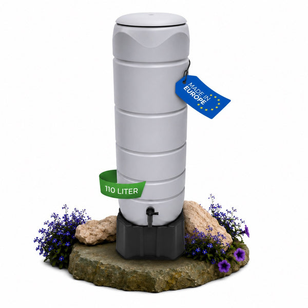 Regentonne 110 Liter [Circle Tower] – Schlanke Regenwassertonne mit Standfuß & 3 Anschlüssen