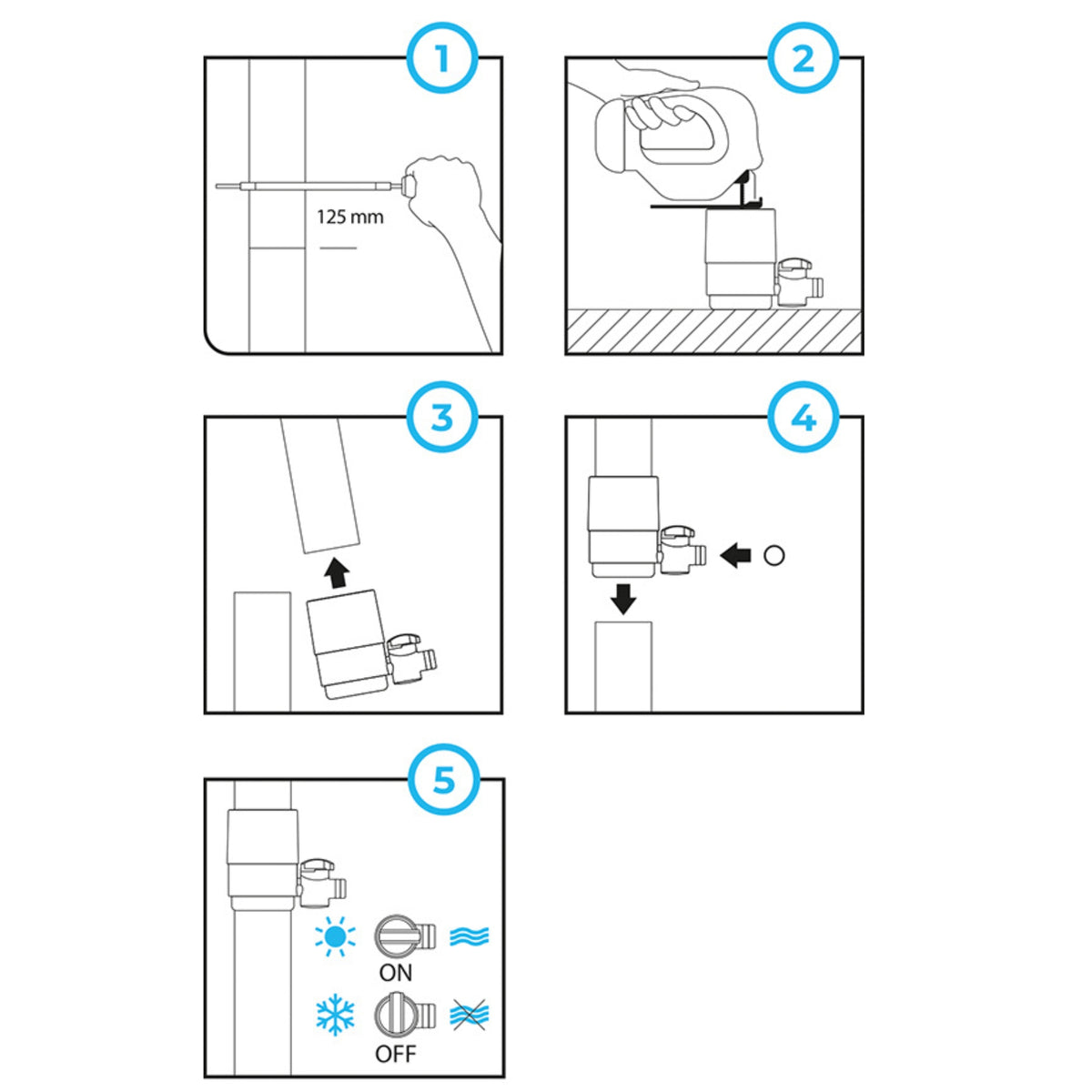Die Schritt-für-Schritt-Installation zeigt das Bohren eines Lochs in eine Regentonne, das Einfüllen der Flüssigkeit, das Einsetzen des YourCasa® Regensammlers [Downpipe50] mit Filter und Absperrhahn von yourcisade.com und das Einstellen des Durchflusses zwischen Ein/Aus mit den Symbolen für Kühlen und Heizen.