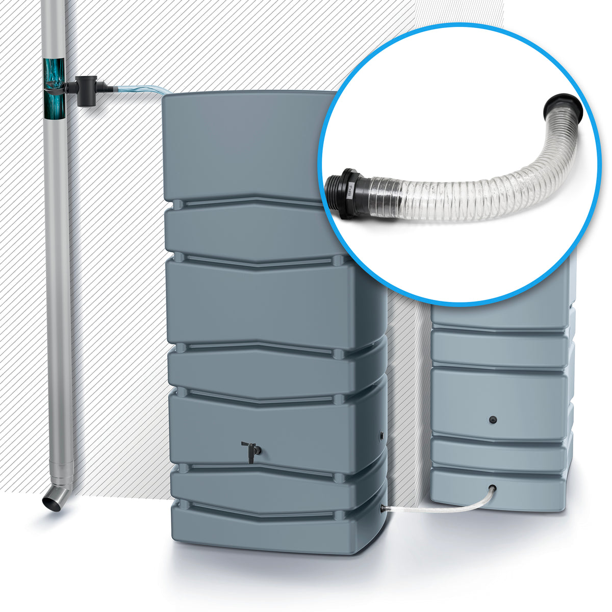 Zwei mit einem durchsichtigen Schlauch verbundene Grauwasserspeicher, mit einer Nahaufnahme des yourcisade.com Regentonnen Verbinder Set 32mm inklusive Kronbohrer & Tankdurchführung für sichere, effiziente Verbindungen.