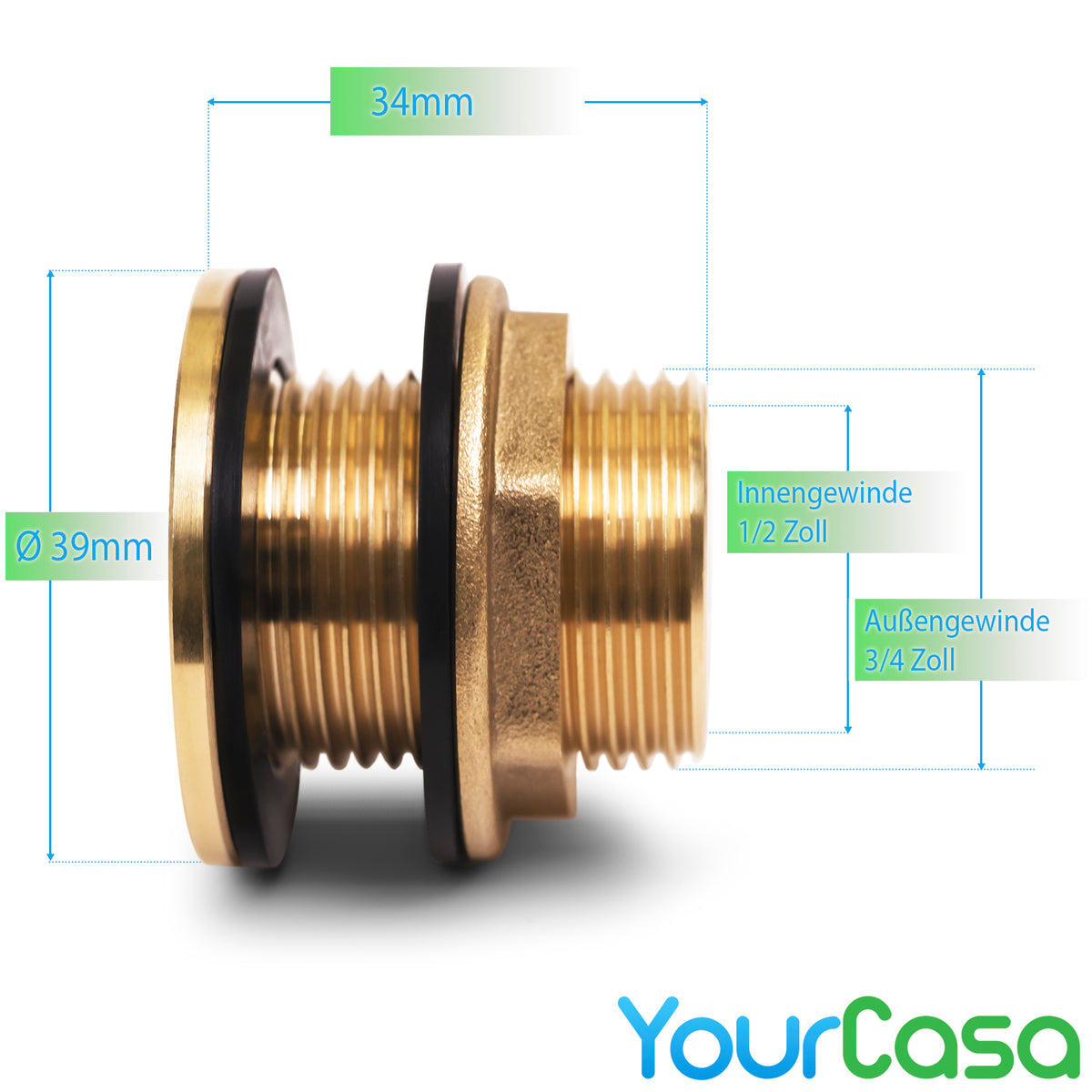 YourCasa® Universal Regentonnendurchführung 1/2 Zoll aus Messing von yourcisade.com mit Maßangabe.