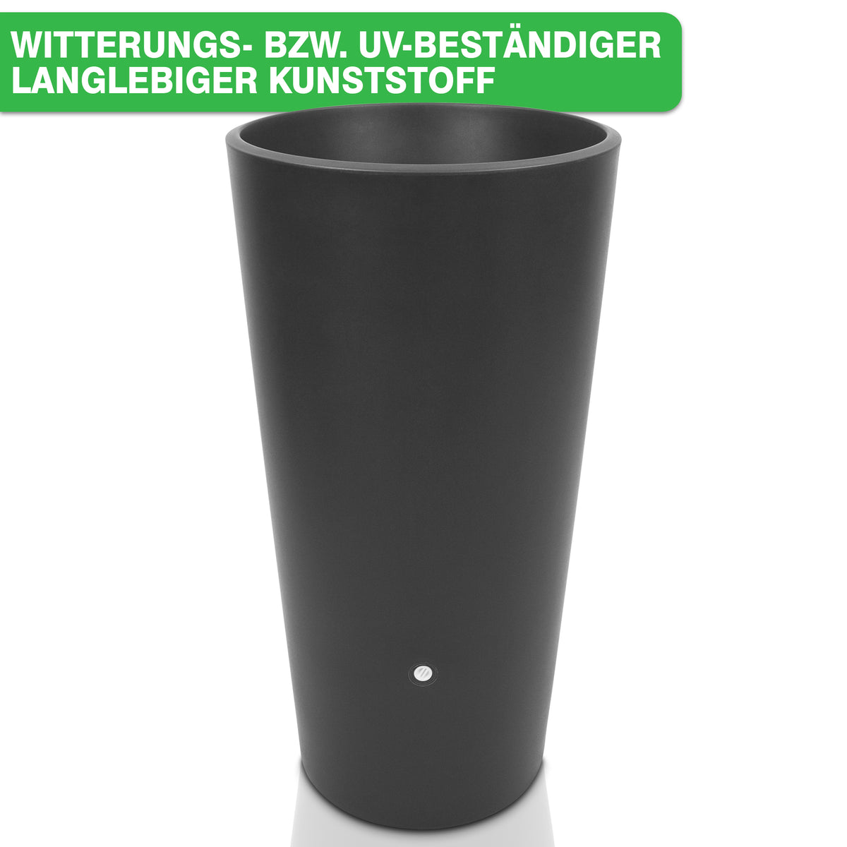 Hoher, schwarzer Blumentopf mit Wetter- und UV-Beständigkeit, mit dem Text „YourCasa Regentonne“.