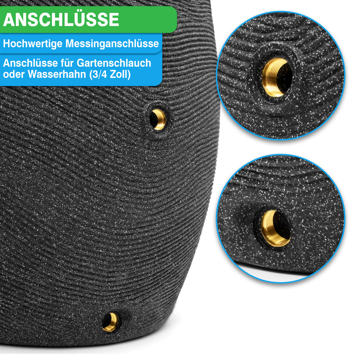 yourcisade.com Regentonne mit Nahaufnahmen von hochwertigen Messing-Schlauchanschlüssen (3/4 Zoll) für einen Gartenschlauch oder Wasserhahn