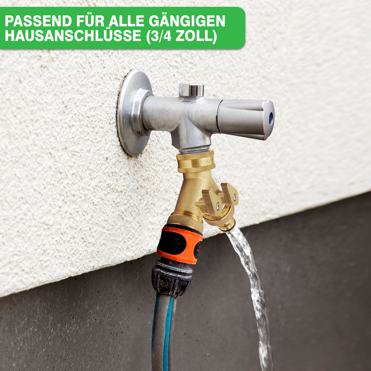 Außenhahn mit angeschlossenem Schlauch zur Gartenbewässerung von austretendem Wasser.

Außenwasserhahn mit angeschlossenem Schlauch zur Gartenbewässerung von austretendem Wasser. YourCasa Wasserverteiler Y-Verteiler [3/4 Zoll] aus Messing von yourcisade.com.