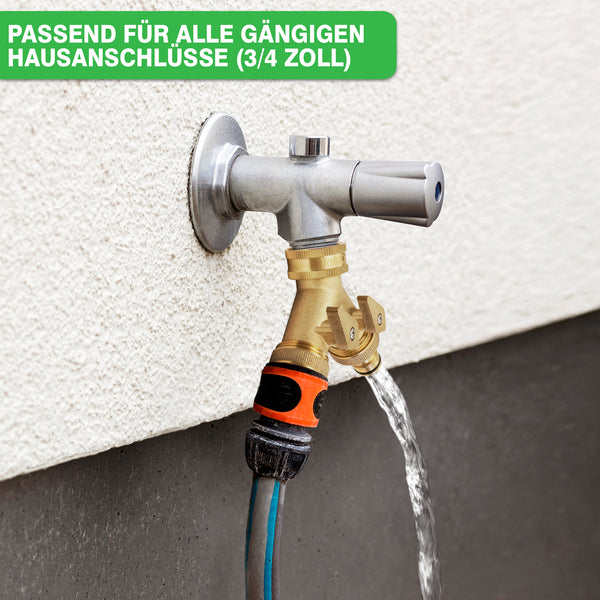 Außenhahn mit angeschlossenem Schlauch zur Gartenbewässerung von austretendem Wasser.

Außenwasserhahn mit angeschlossenem Schlauch zur Gartenbewässerung von austretendem Wasser. YourCasa Wasserverteiler Y-Verteiler [3/4 Zoll] aus Messing von yourcisade.com.