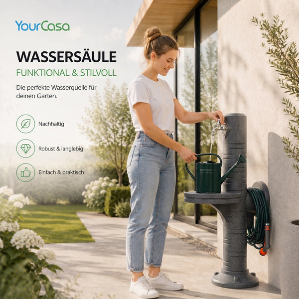 AquaPost Wassersäule Garten – Zapfsäule mit Ablagestellfläche, Chromhahn & Schlauchhalterung | YourCasa