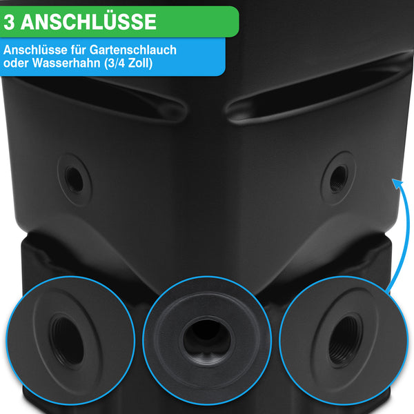 Nahaufnahme einer schwarzen YourCasa Regentonne [Tower] 120L mit Standfuß, Deckel & Wasserhahn mit drei Schlauchanschlüssen, auf Deutsch beschriftet als Anschlüsse für Gartenschläuche oder Wasserhähne. Markenname: yourcisade.com