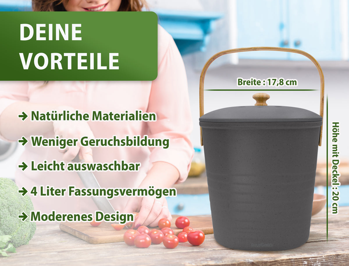 Beschreibung: Werbebild des YourCasa® Komposteimers - Biomülleimer Küche - nachhaltiger Bio Mülleimer von yourcisade.com mit Vorteilen in deutscher Sprache und Maßangaben, neben lächelnder Frau