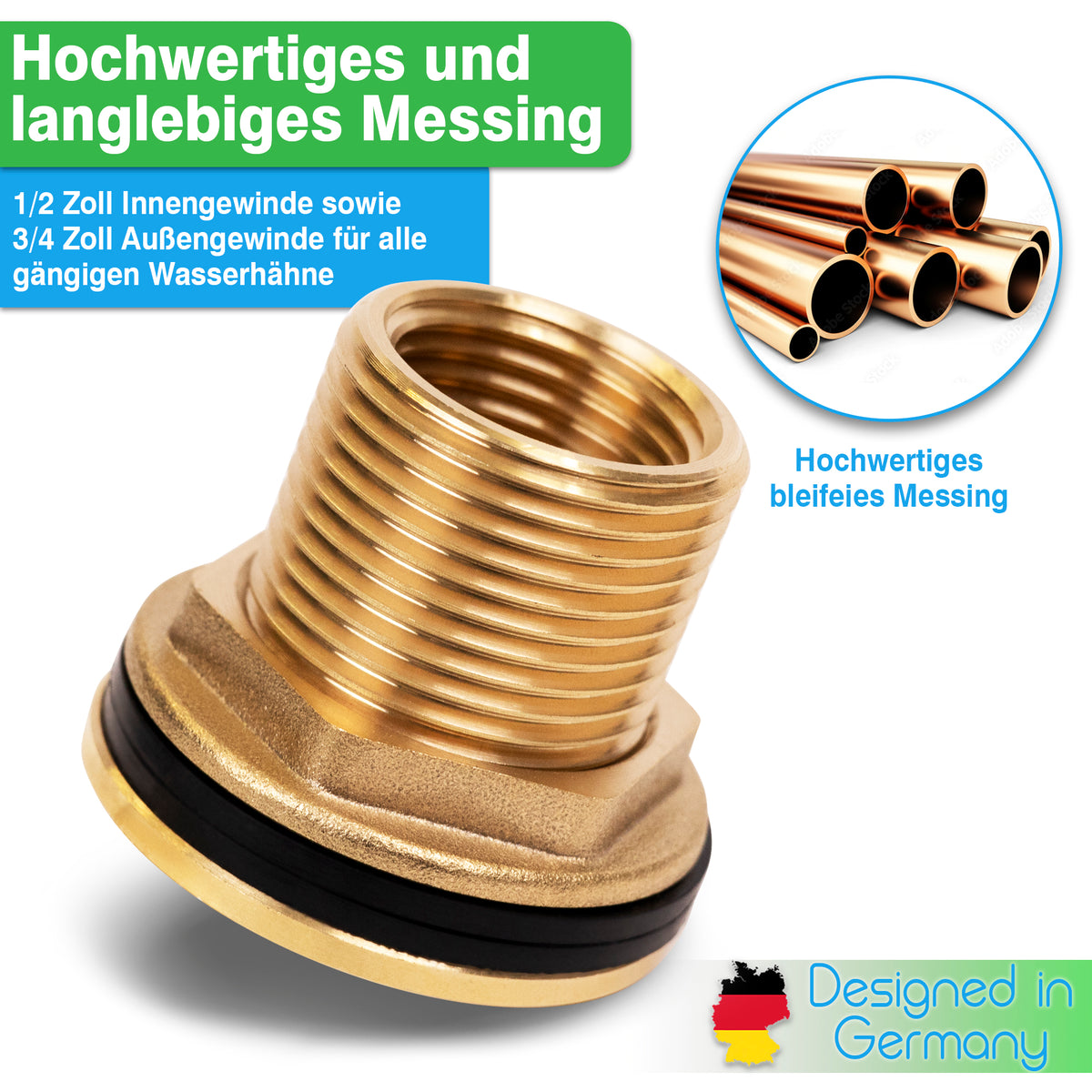 YourCasa® Universal Regentonnendurchführung 1/2 Zoll aus Messing-Schlauchadapter mit 1/2 Zoll Innengewinde und 3/4 Zoll Außengewinde, geeignet für Regentonnenverschraubung von yourcisade.com.