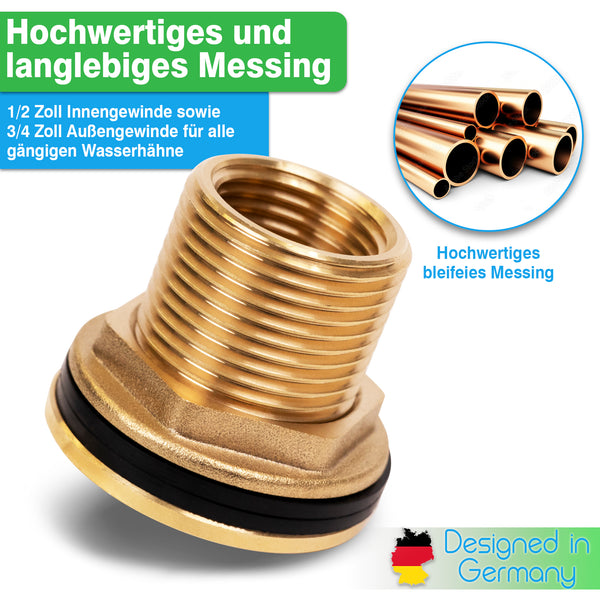 YourCasa® Universal Regentonnendurchführung 1/2 Zoll aus Messing-Schlauchadapter mit 1/2 Zoll Innengewinde und 3/4 Zoll Außengewinde, geeignet für Regentonnenverschraubung von yourcisade.com.