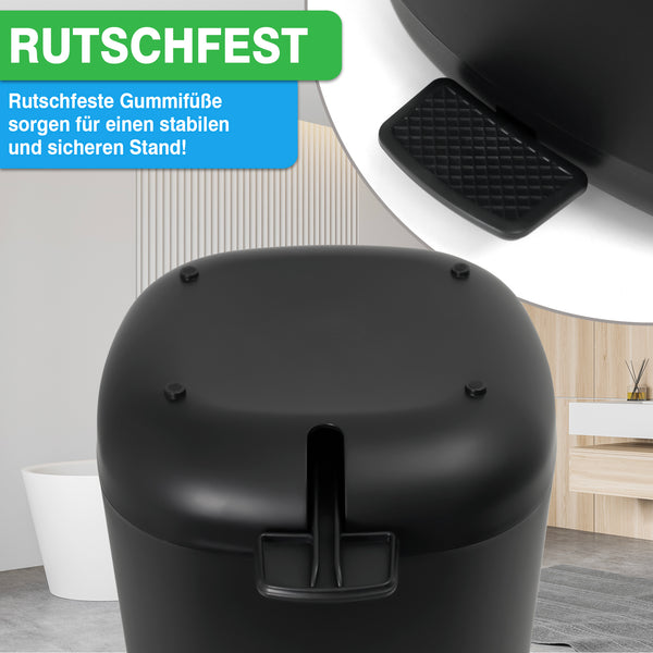 Ein elegant gestalteter YourCasa® Mülleimer [5L] von yourcisade.com in Schwarz steht in einem modernen Raum. Der deutsche Text hebt seine rutschfesten Gummifüße für Stabilität hervor und betont die umweltfreundlichen, geruchsdichten Eigenschaften, die Frische und Umweltfreundlichkeit gewährleisten. Dieser Mülleimer verwendet 30 % weniger Kunststoff und ist perfekt für Badezimmer oder Küchen.
