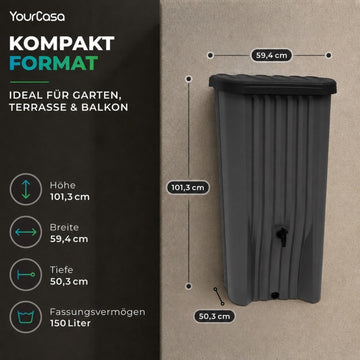 YourCasa Cascade – Regentonne 150 Liter Anthrazit mit integriertem Wasserhahn