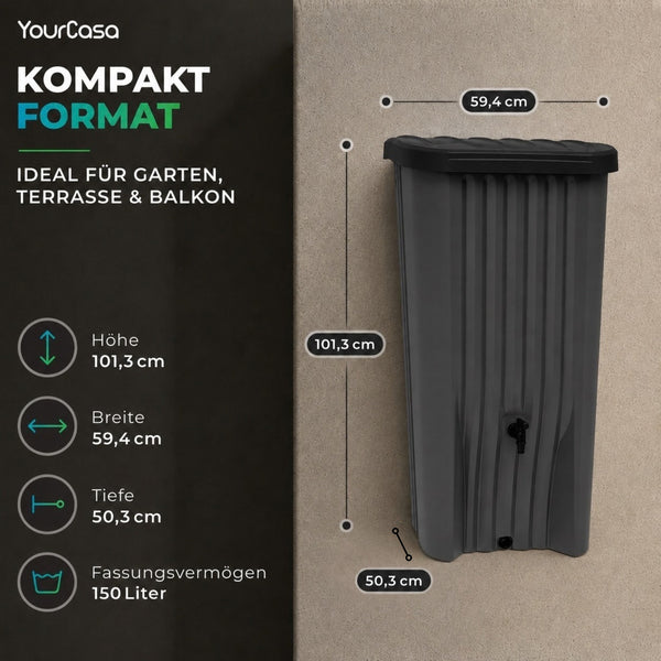 YourCasa Cascade – Regentonne 150 Liter Anthrazit mit integriertem Wasserhahn