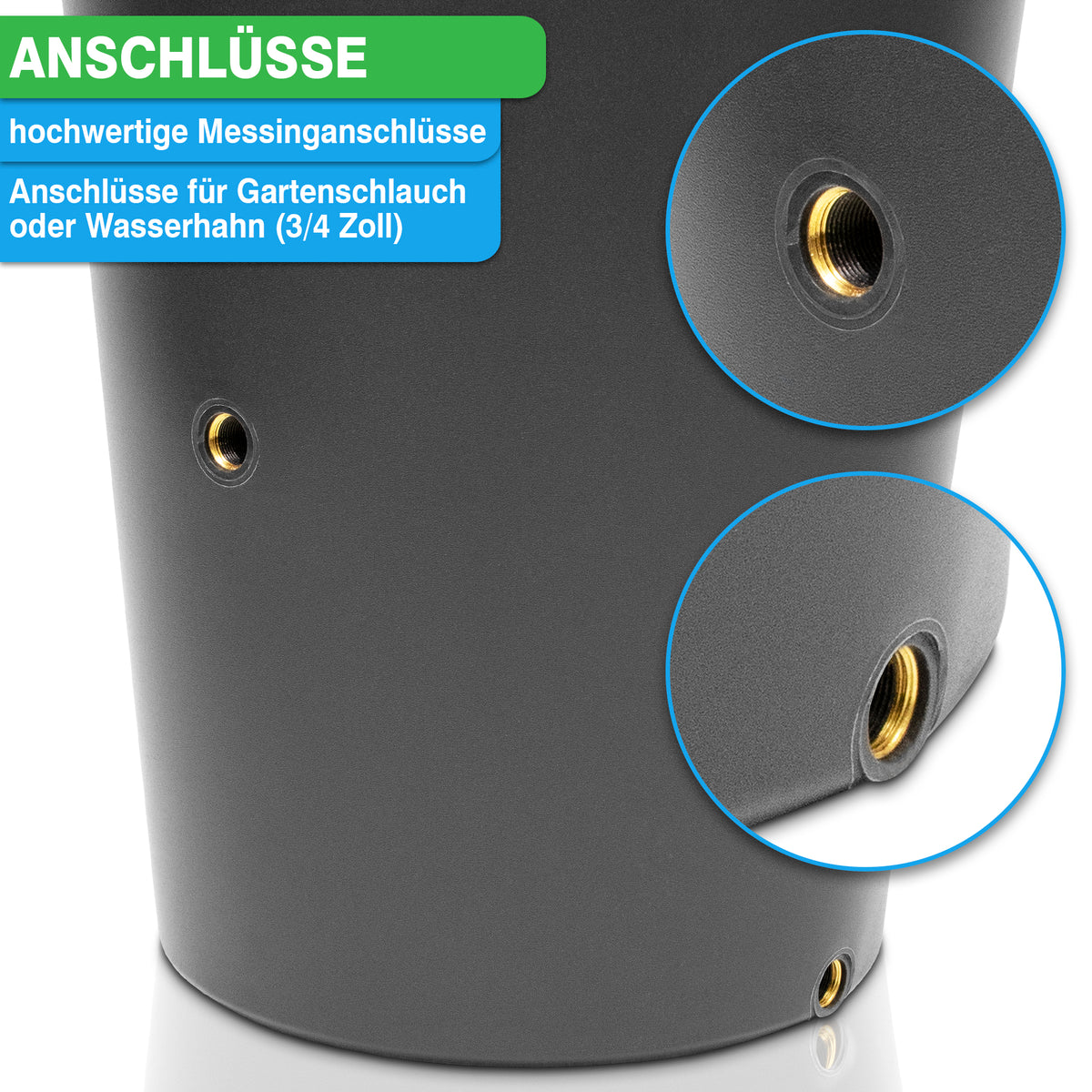 Nahaufnahme eines Behälters mit hochwertigen Messing-Anschlüssen für 3/4 Zoll Schläuche oder Wasserhähne zur Reduzierung des Wasserverschwendung, wie zum Beispiel die YourCasa Regentonne 150 Liter [Aquaform Flower] – Mit Pflanzkübel und Metallgewinde von yourcisade.com.