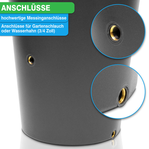 Nahaufnahme eines Behälters mit hochwertigen Messing-Anschlüssen für 3/4 Zoll Schläuche oder Wasserhähne zur Reduzierung des Wasserverschwendung, wie zum Beispiel die YourCasa Regentonne 150 Liter [Aquaform Flower] – Mit Pflanzkübel und Metallgewinde von yourcisade.com.