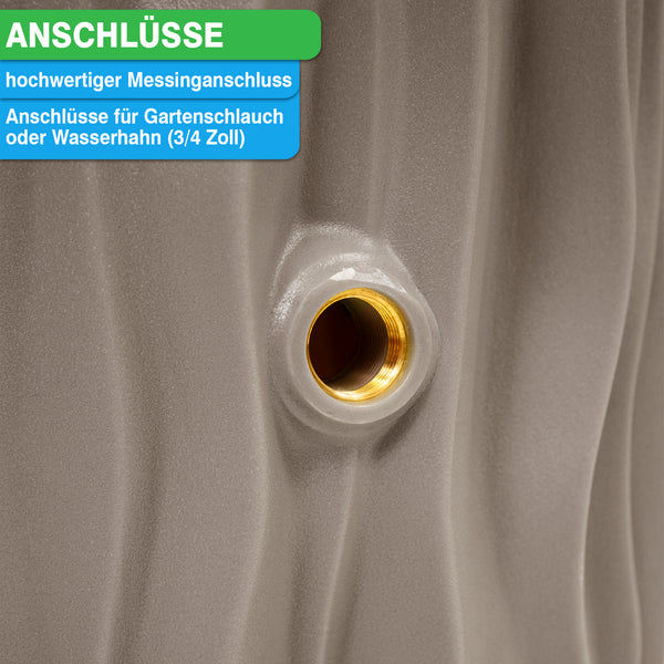 Gartenschlauch- oder Wasserhahn-Anschlusspunkt (3/4 Zoll) auf grauem Hintergrund mit der Aufschrift „Anschlüsse“, weist auf eine hochwertige Armatur zur Regenwassernutzung hin, z.B. bei der YourCasa Regentonne 160 Liter [AquaDesign Flower] - Frostsicher & UV-beständig von yourcisade.com.