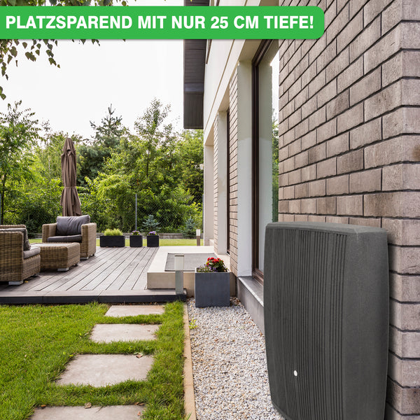Kompaktes Outdoor Klimagerät neben modernem Haus mit Terrasse, Gartenbereich und YourCasa Regentonne 200 Liter [DualStyle] - Platzsparend & Stilvoll von yourcisade.com.
