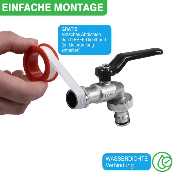 Außenwasserhahn mit einem roten Dichtungsring und Installationsband, hervorgehoben für eine einfache und wasserdichte Installation: YourCasa® Wasserhahn Garten [1/2 Zoll & 3/4 Zoll] Messing - Frostsicher & Komplettset, von yourcisade.com.