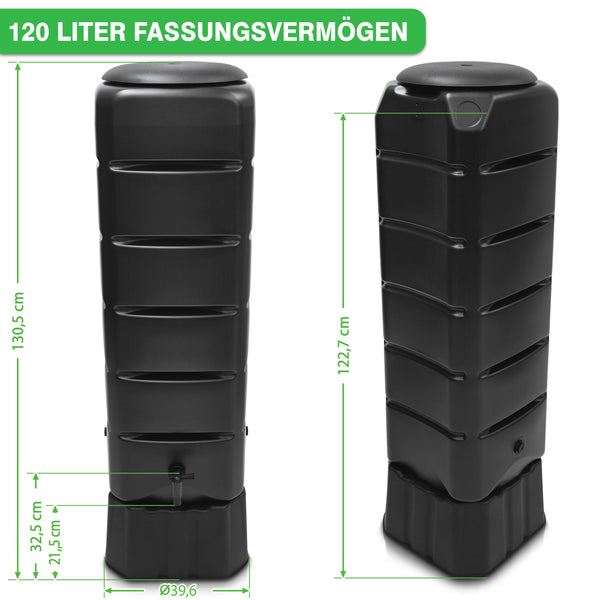 Zwei schwarze YourCasa Regentonne [Tower] 120L mit Standfuss, Deckel & Wasserhahn (Wassertonne) von yourcisade.com mit einem Fassungsvermögen von je 120 Litern. Eine Tonne steht aufrecht, die andere ist seitlich geneigt mit Messangaben in grüner Schrift drumherum, perfekt für nachhaltige Bewässerung.