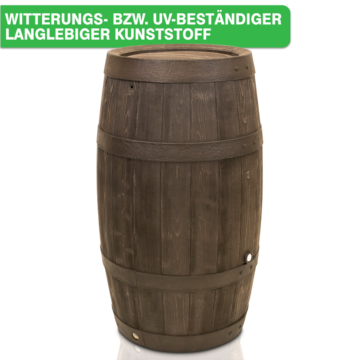 Fass in Holzoptik aus wetterfestem, UV-beständigem Kunststoff.
YourCasa Regentonne 250 Liter [Holz] - Frostsicher & UV-beständig von yourcisade.com.