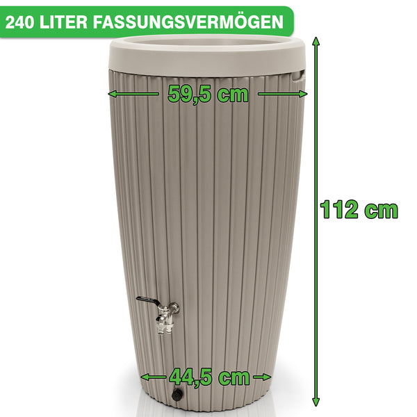 Regentonne 240 Liter [RainCatcher] – mit Messing Wasserhahn & Deckel