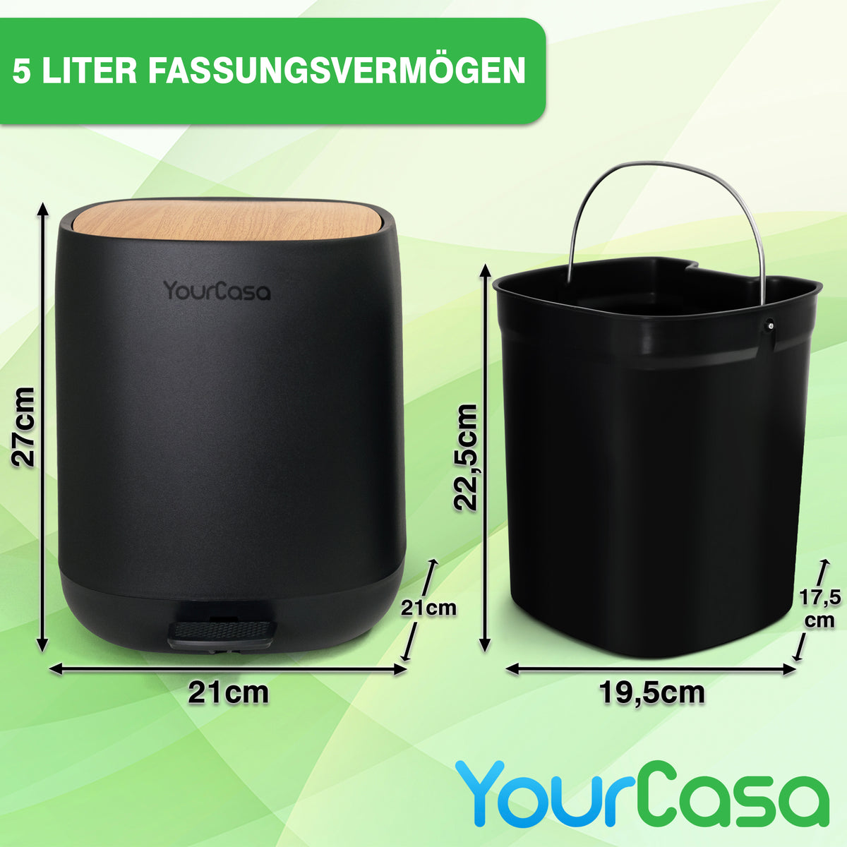 Bild eines geruchsdichten schwarzen Mülleimers und Inneneimers mit Maßangaben in Zentimetern. Der Text lautet „YourCasa® Mülleimer [5L]“ und betont das umweltfreundliche Design mit 30 % weniger Plastik, das für eine schimmelfreie Umwelt sorgt. Der Markenname „yourcisade.com“ wird elegant unten angezeigt.