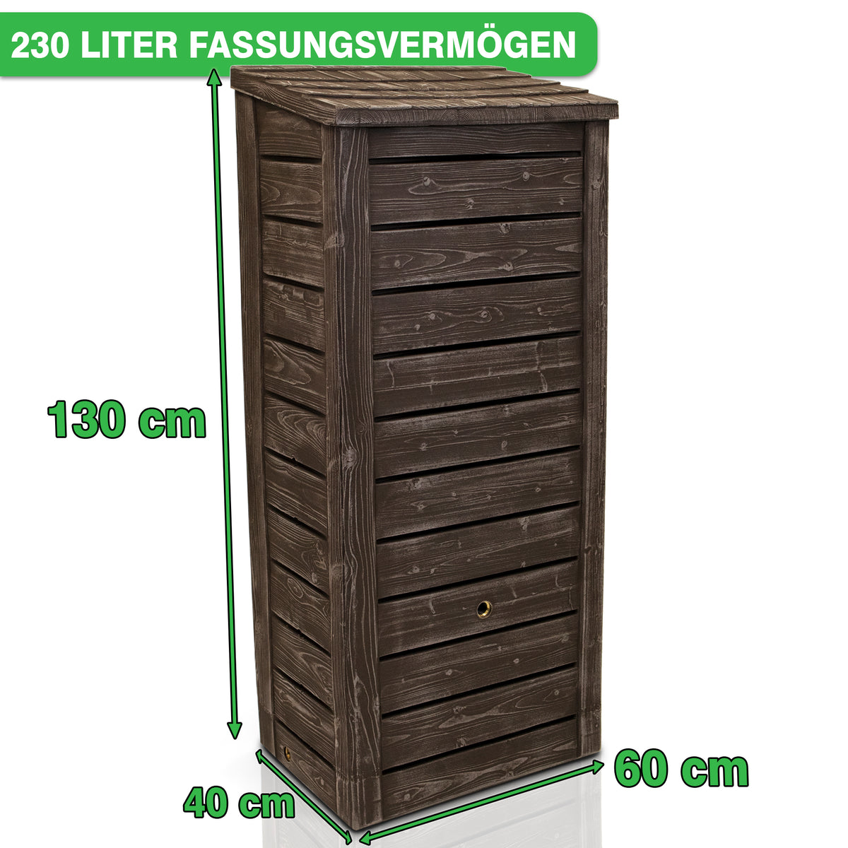 Braunes Kunststoff-Gartengerätehaus mit einer YourCasa Regentonne 230 Liter [Slimline Nordic] - Holzoptik mit Metallgewinde, 130 cm hoch, 60 cm tief und 40 cm breit. Markenname: yourcisade.com