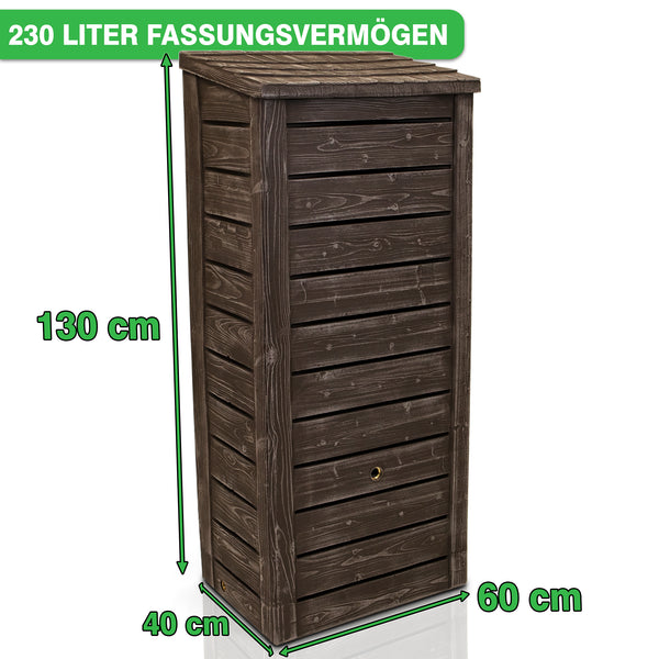 Braunes Kunststoff-Gartengerätehaus mit einer YourCasa Regentonne 230 Liter [Slimline Nordic] - Holzoptik mit Metallgewinde, 130 cm hoch, 60 cm tief und 40 cm breit. Markenname: yourcisade.com