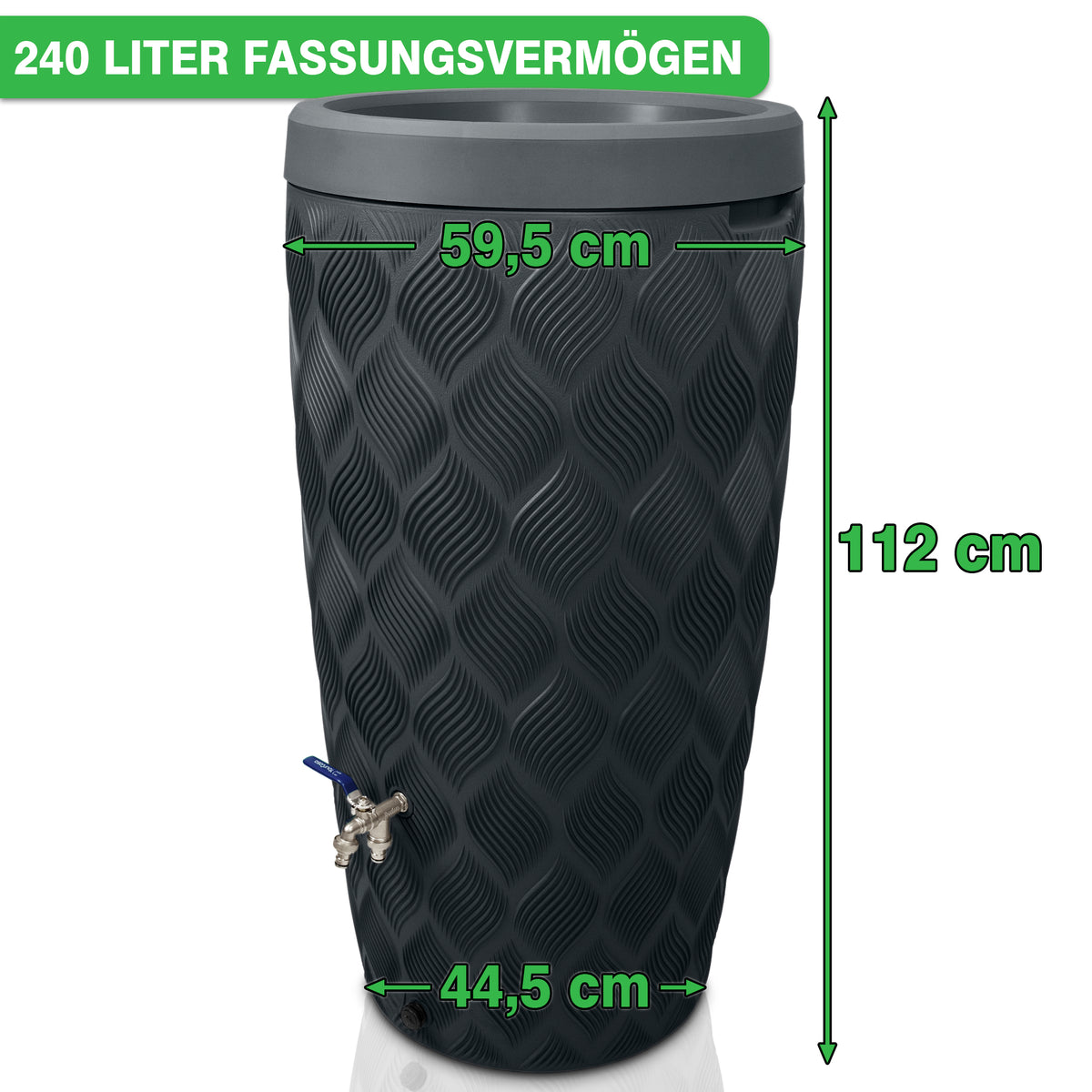 YourCasa Regentonne 240 Liter [Seabreeze Flower] – Nachhaltige Bewässerung im Garten mit strukturierter Oberfläche, einem oberen Durchmesser von 59,5 cm, unteren Durchmesser von 44,5 cm und einer Höhe von 112 cm. Der Text lautet „240 LITER FASSUNGSVERMÖGEN“ und weist auf ein Fassungsvermögen von 240 Litern hin, perfekt für eine nachhaltige Bewässerung.