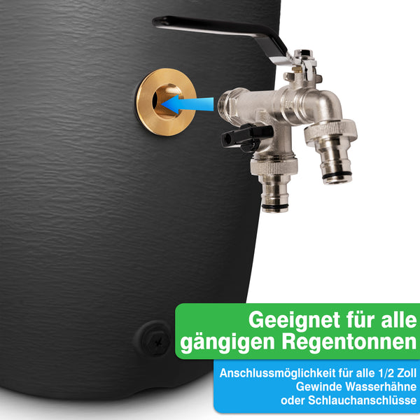 Regentonne mit Zapfhahn aus Messing und YourCasa® Universal Regentonnendurchführung 1/2 Zoll aus Messing, passend für alle handelsüblichen Regentonnen von yourcisade.com.