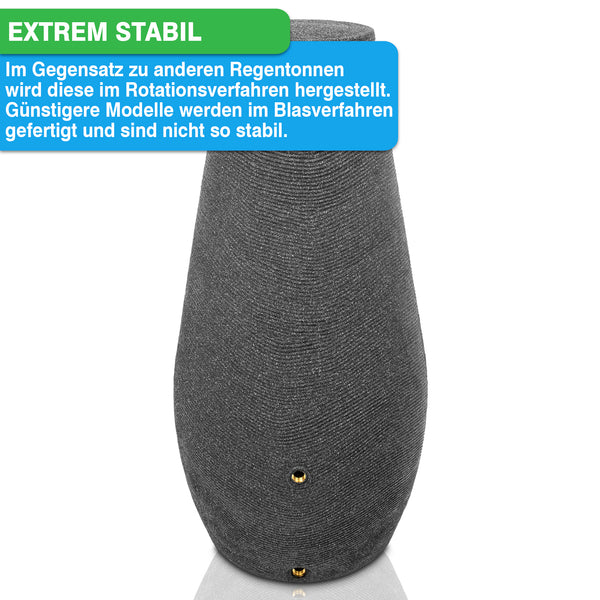 Intelligenter Lautsprecher mit robuster Verarbeitungsqualität und Metallgewinde, hervorgehoben im Informationsfeld. YourCasa Regentonne 200 Liter [EcoDrop] - Nachhaltige Gartenbewässerung von yourcisade.com.