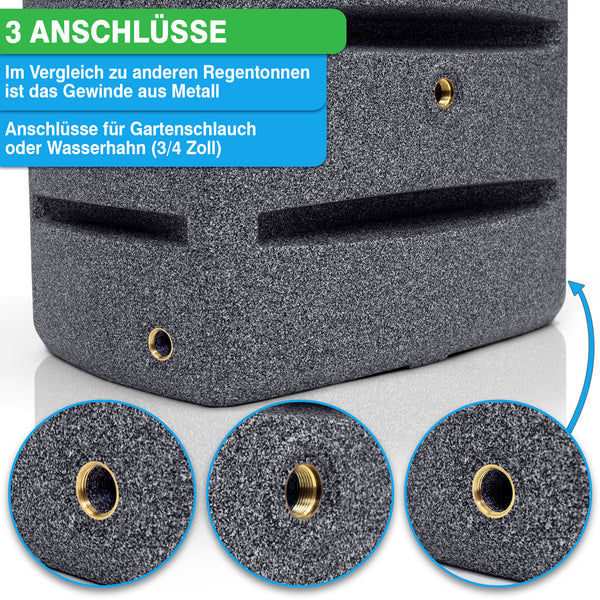 Regenauffangbehälter mit drei Anschlusspunkten für Gartenschlauch oder Wasserhahn, hervorgehoben, um Kompatibilität und Vi YourCasa Regentonne [EcoTower] - Platzsparend und Stilvoll - 260 und 720 Liter yourcisade.com