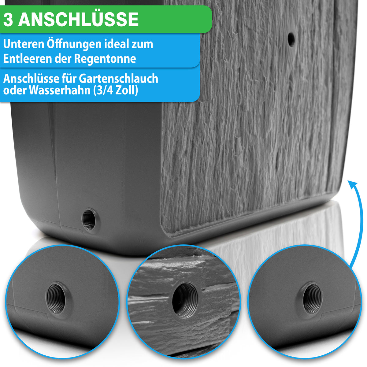 yourcisade.com Regenwasserbehälter mit drei Zapfhähnen für effiziente Entwässerung und Schlauchanschluss.